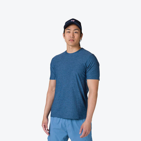 man wearing a blue t-shirt