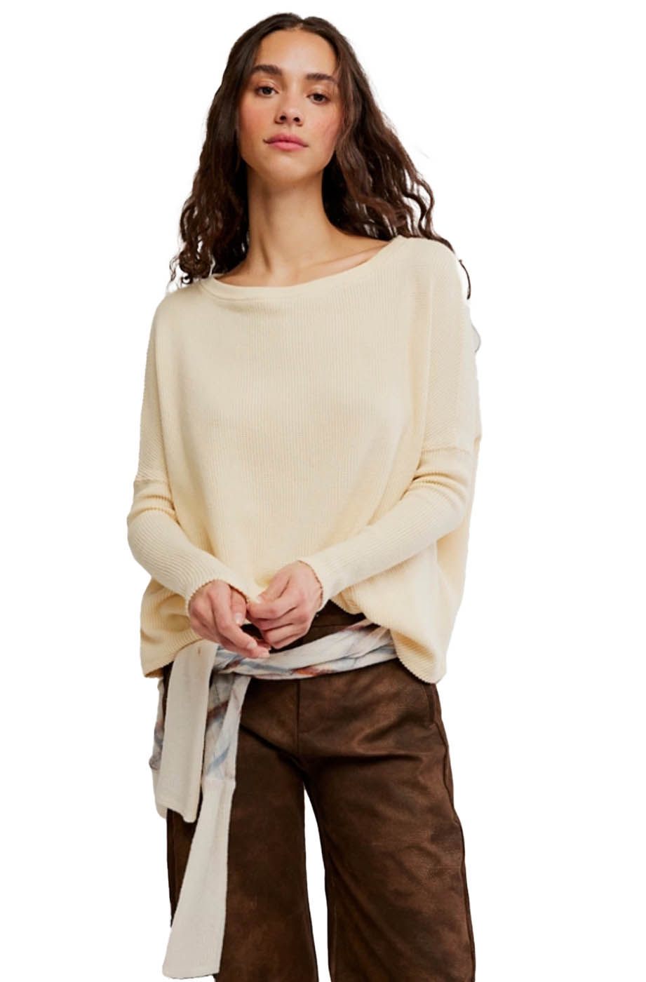 Free People Long Sleeve Top Women's Latte Blues Thermal Solid