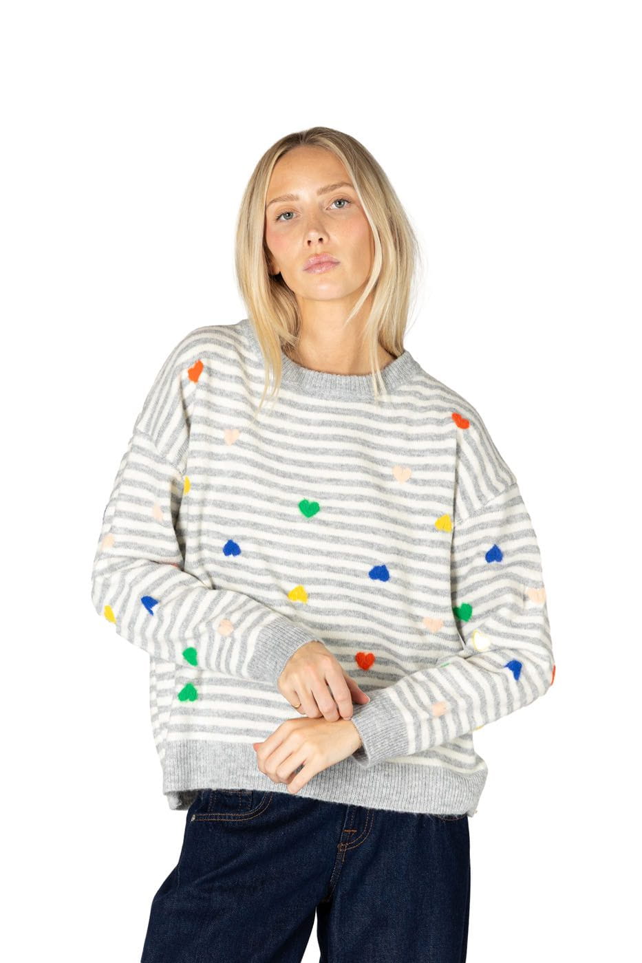 Lyla + Luxe Sweater Women's Jaidyn Heart Stripe Sweater