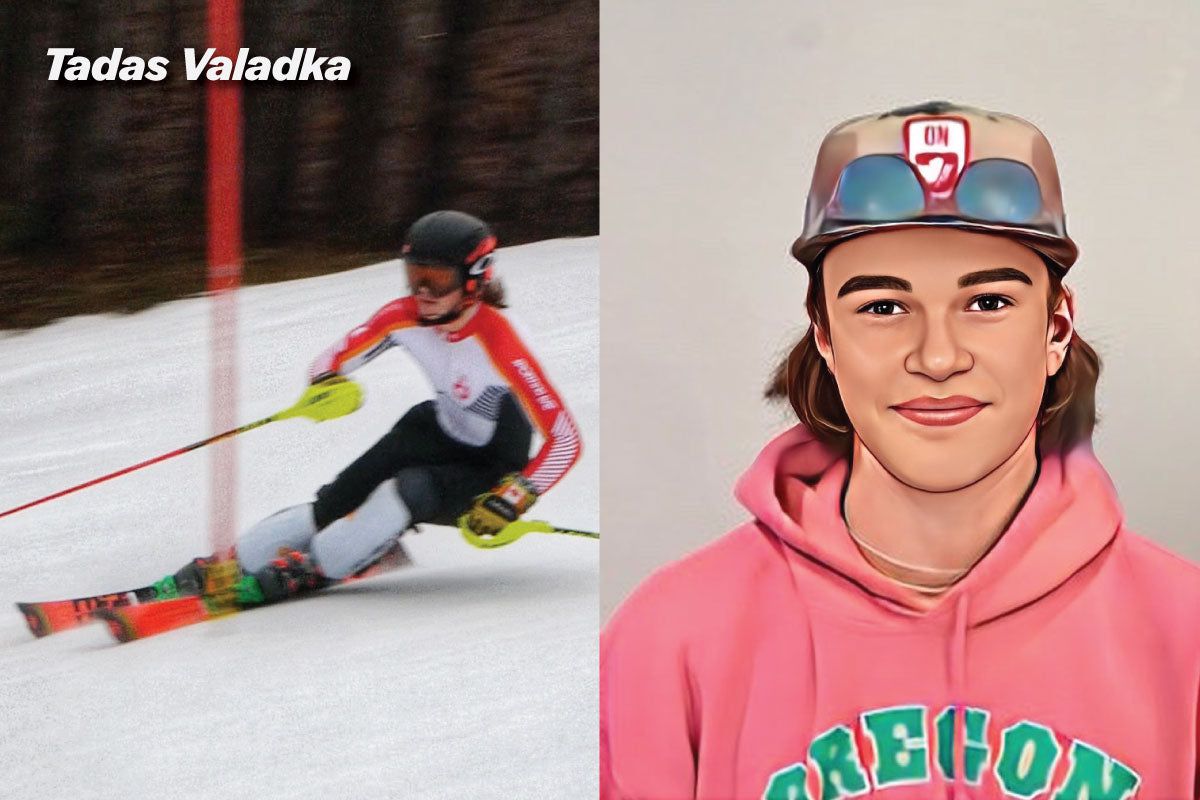 Race action image of athlete with cartoon portrait